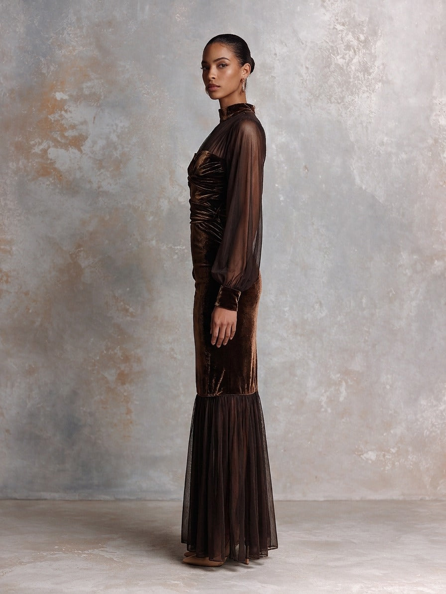 Women’s Velvet And Chiffon Paneled Long Party Dress