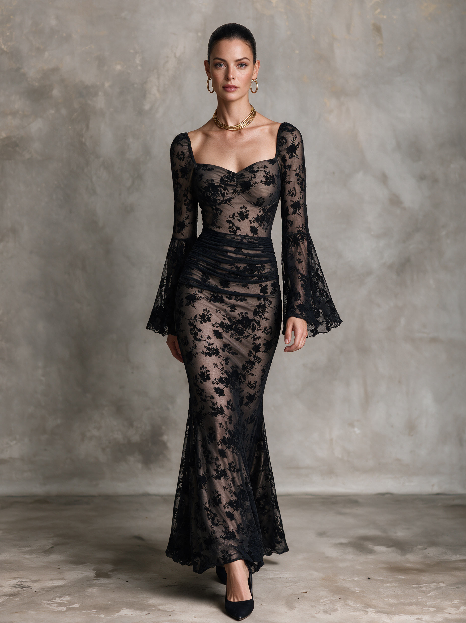 Women’s Vintage-Style Stretchy Mesh Maxi Dress