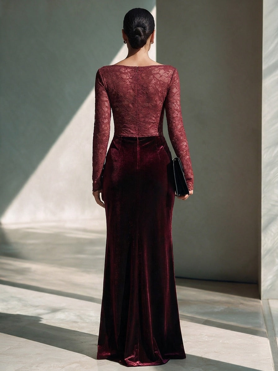 Women’s Vintage-Style Long Velvet Dress With Stretchy Mesh Paneling
