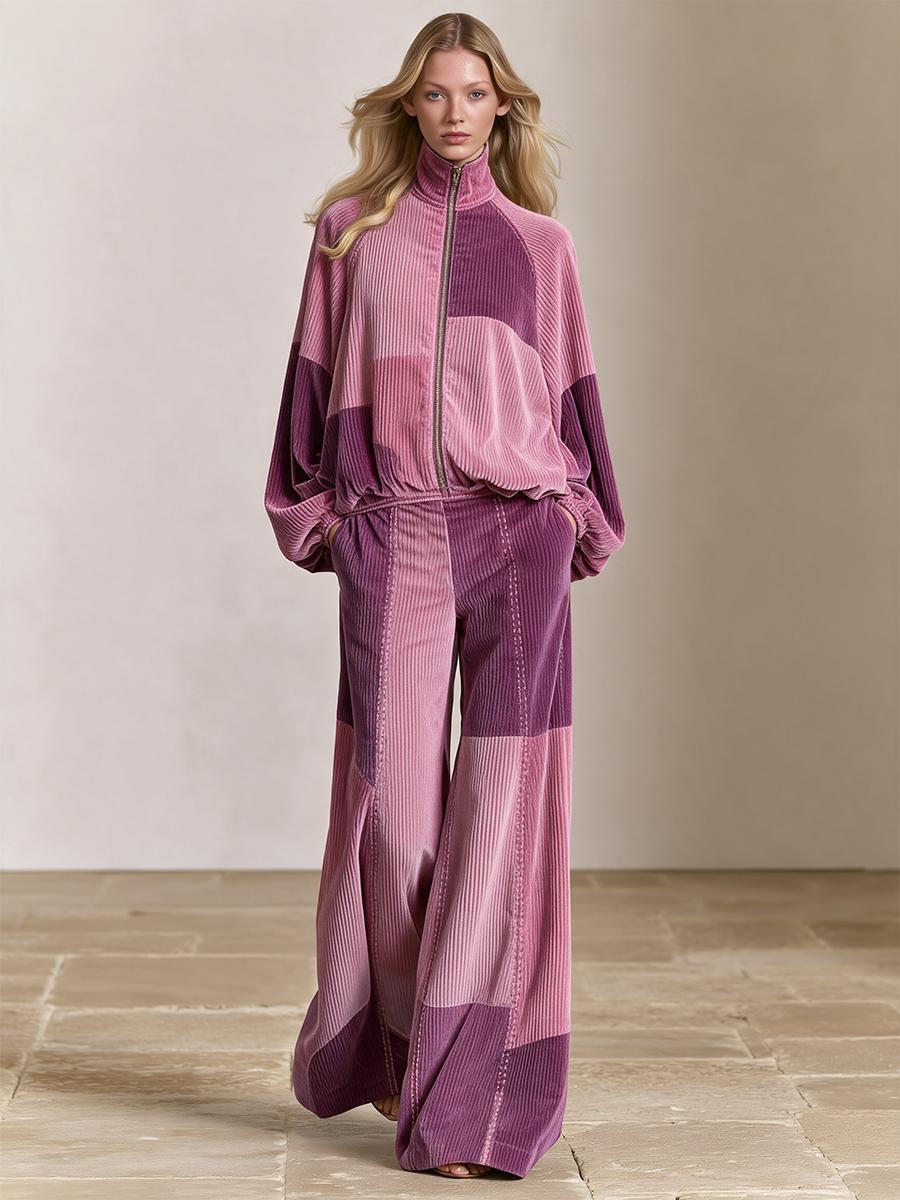 Women's Patchwork Wide Leg Set Pink Purple