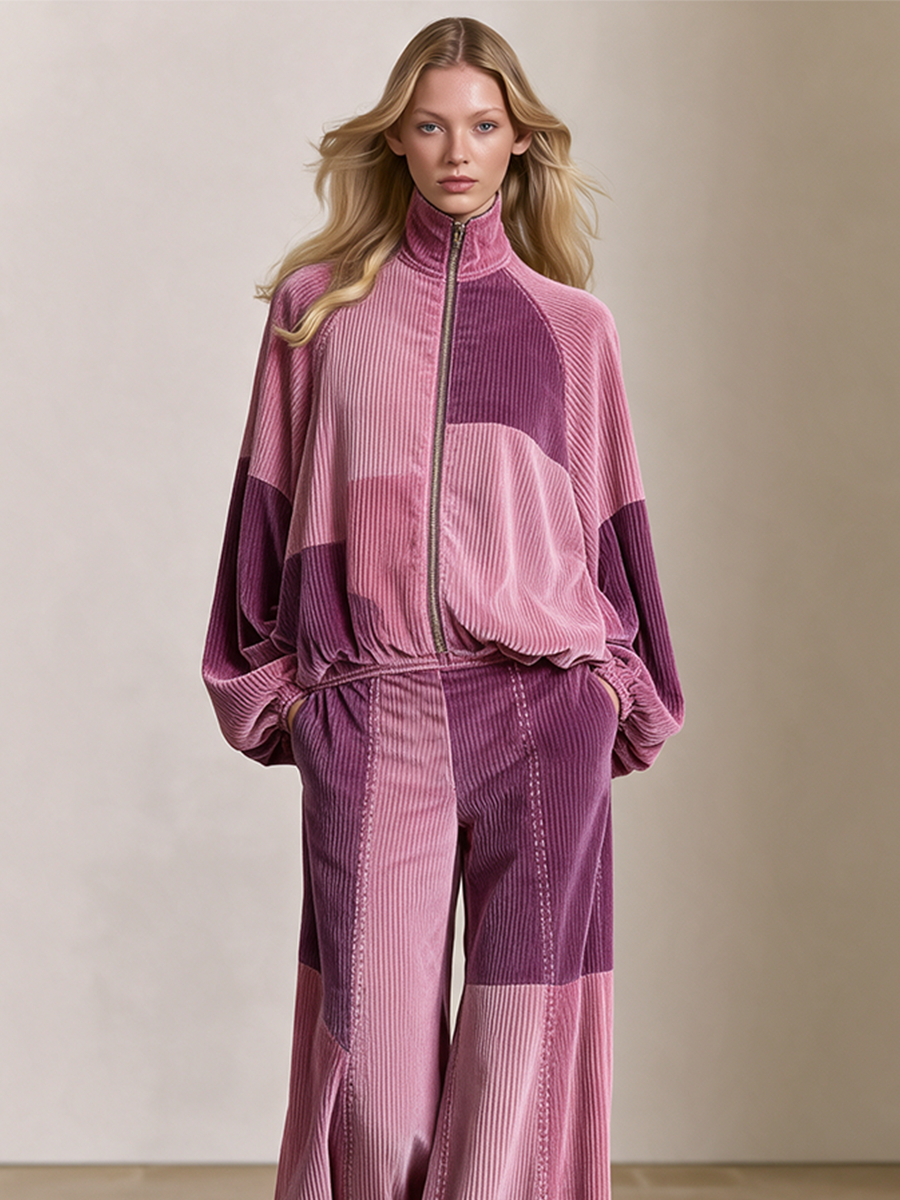 Women's Patchwork Wide Leg Set Pink Purple