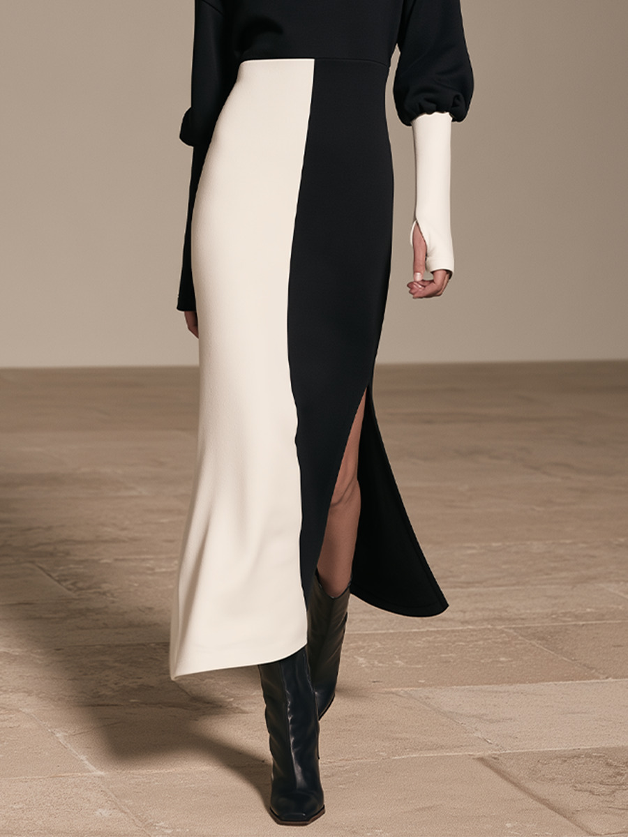 Women's Color Block Turtleneck Midi Dress