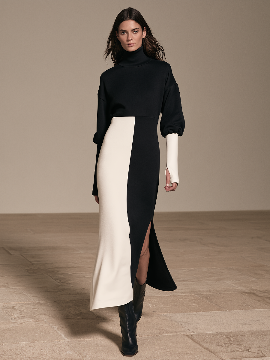 Women's Color Block Turtleneck Midi Dress