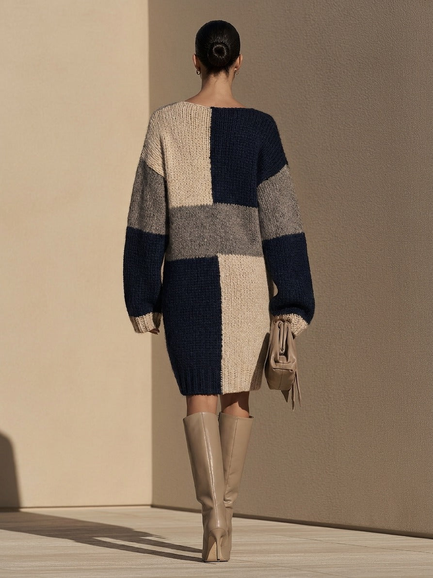 Women's Oversized Colorblock Sweater Dress with Boat Neck