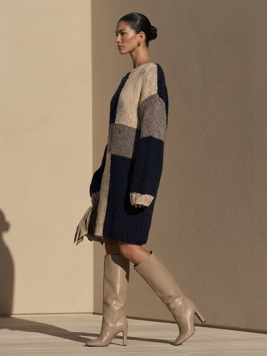 Women's Oversized Colorblock Sweater Dress with Boat Neck