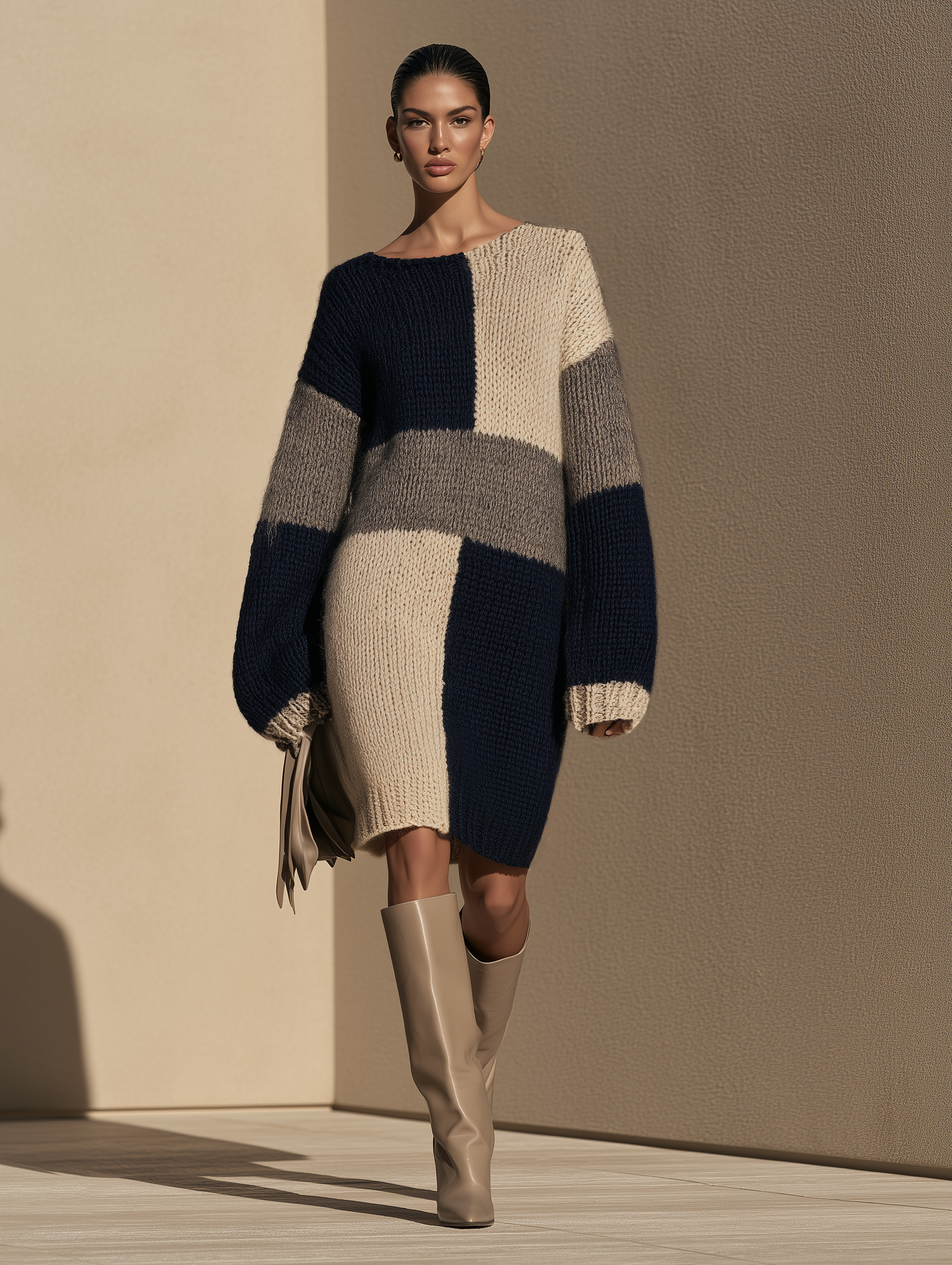 Women's Oversized Colorblock Sweater Dress with Boat Neck