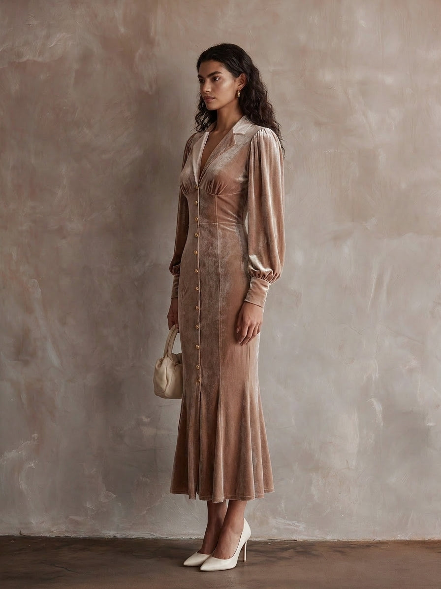Women’s Velvet Long Dress With Notched Lapels And Puff Sleeves