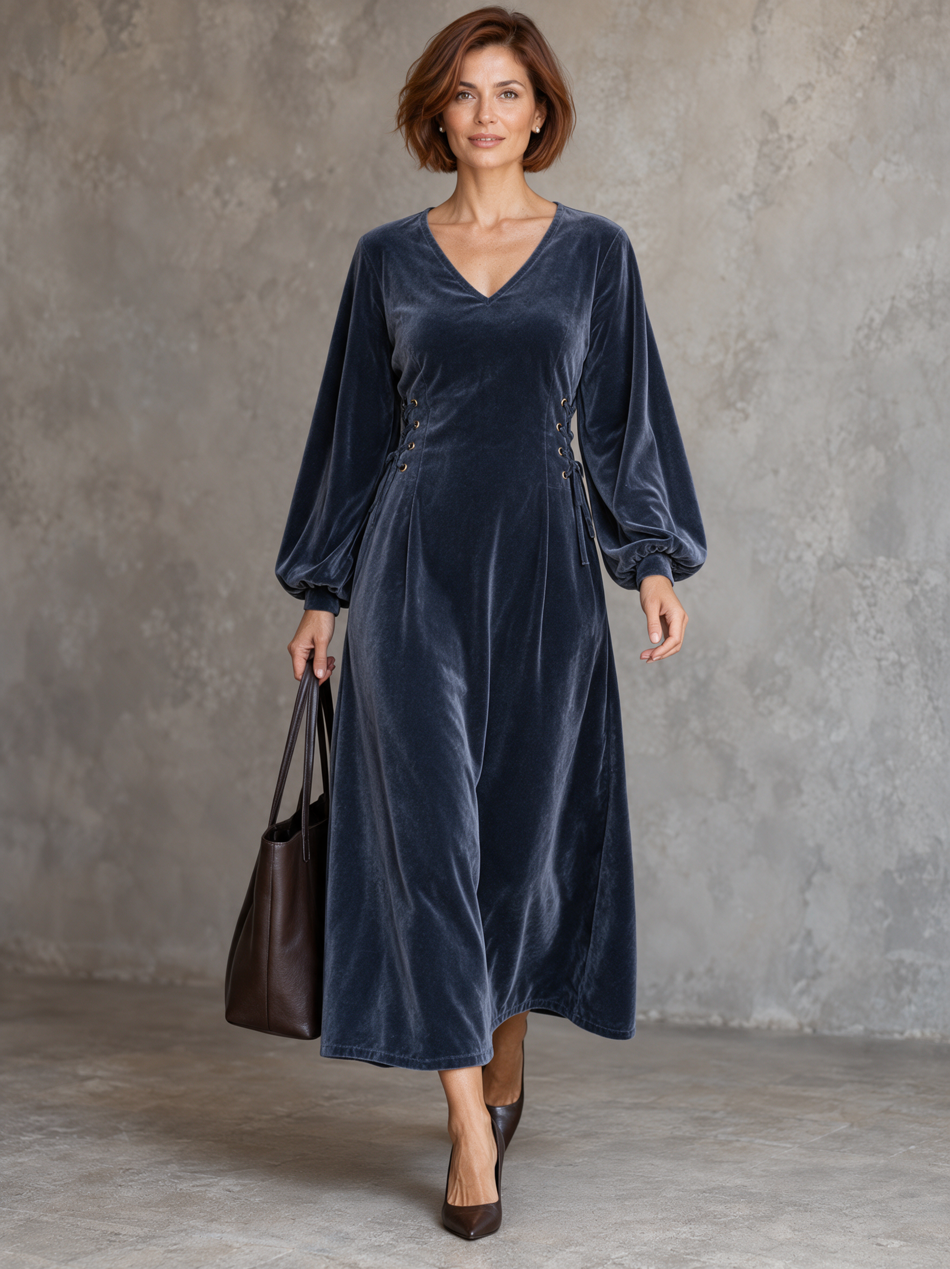 Women’s V-Neck Velvet Maxi Dress With Adjustable Waist Ties