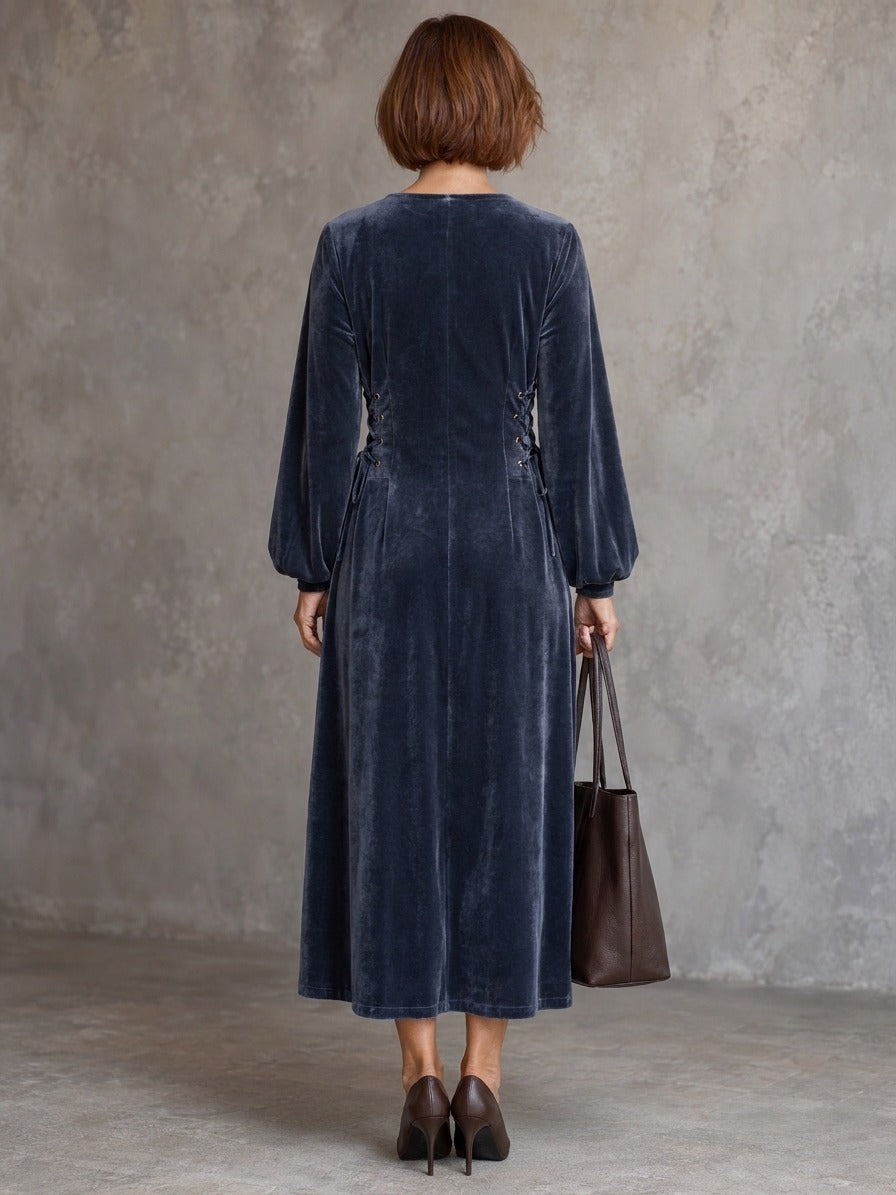 Women’s V-Neck Velvet Maxi Dress With Adjustable Waist Ties