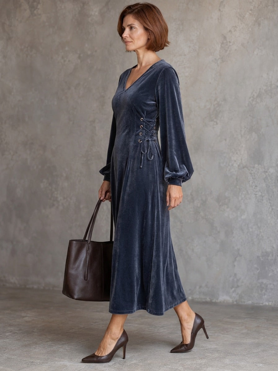 Women’s V-Neck Velvet Maxi Dress With Adjustable Waist Ties