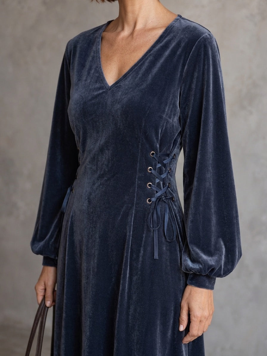Women’s V-Neck Velvet Maxi Dress With Adjustable Waist Ties