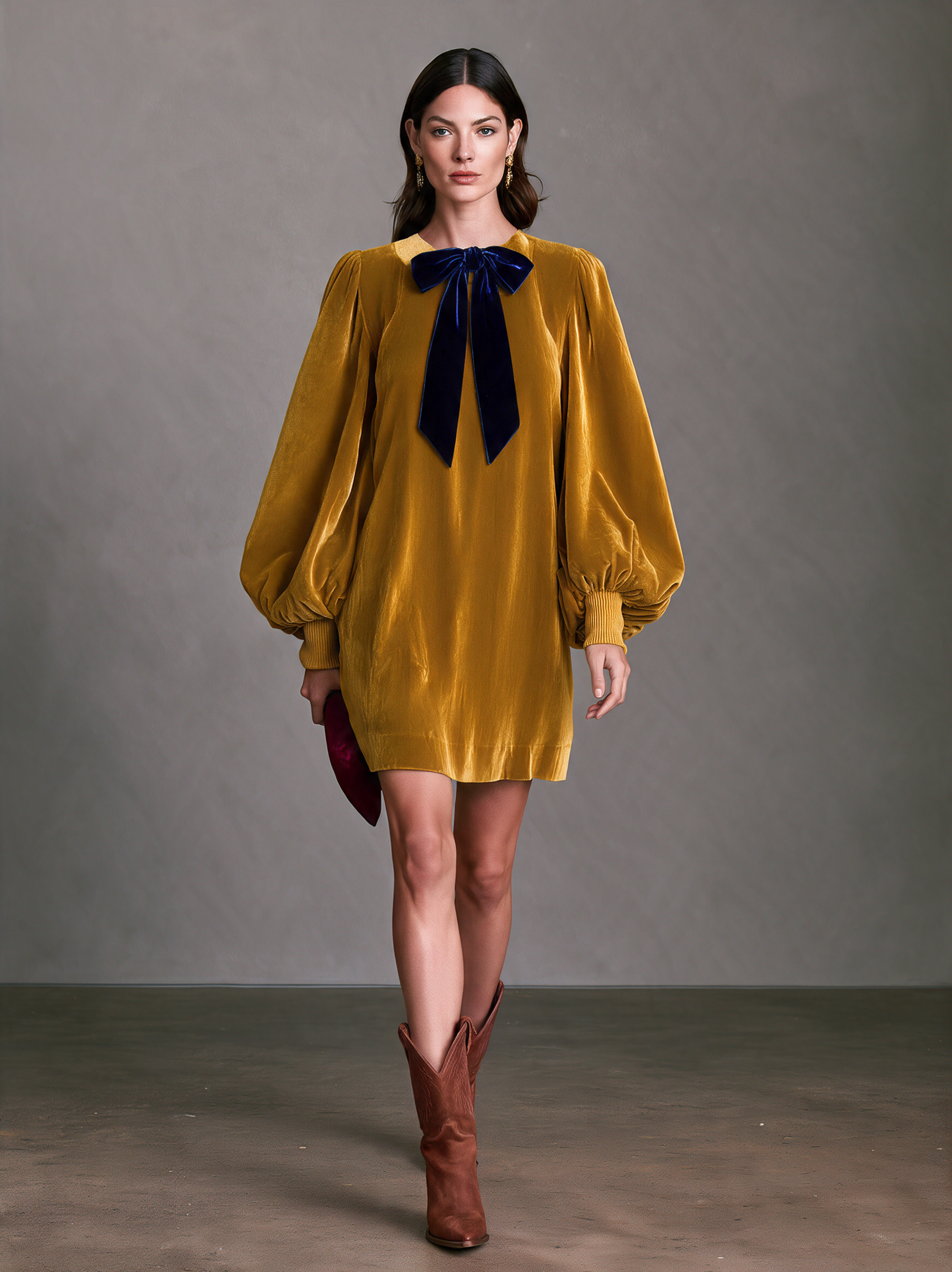 Women’s Elegant Yellow Velvet Long-sleeved Mini Dress