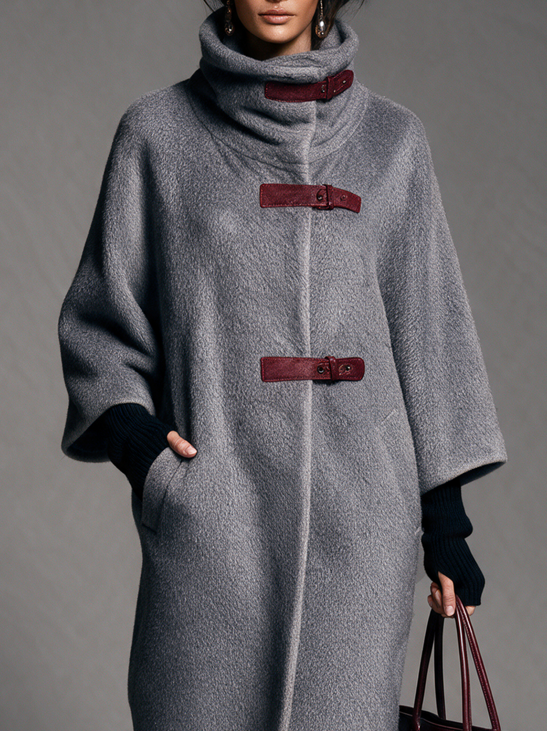 Women’s Elegant Grey Wool-blend Long-sleeved, High-neck, Mid-length Coat