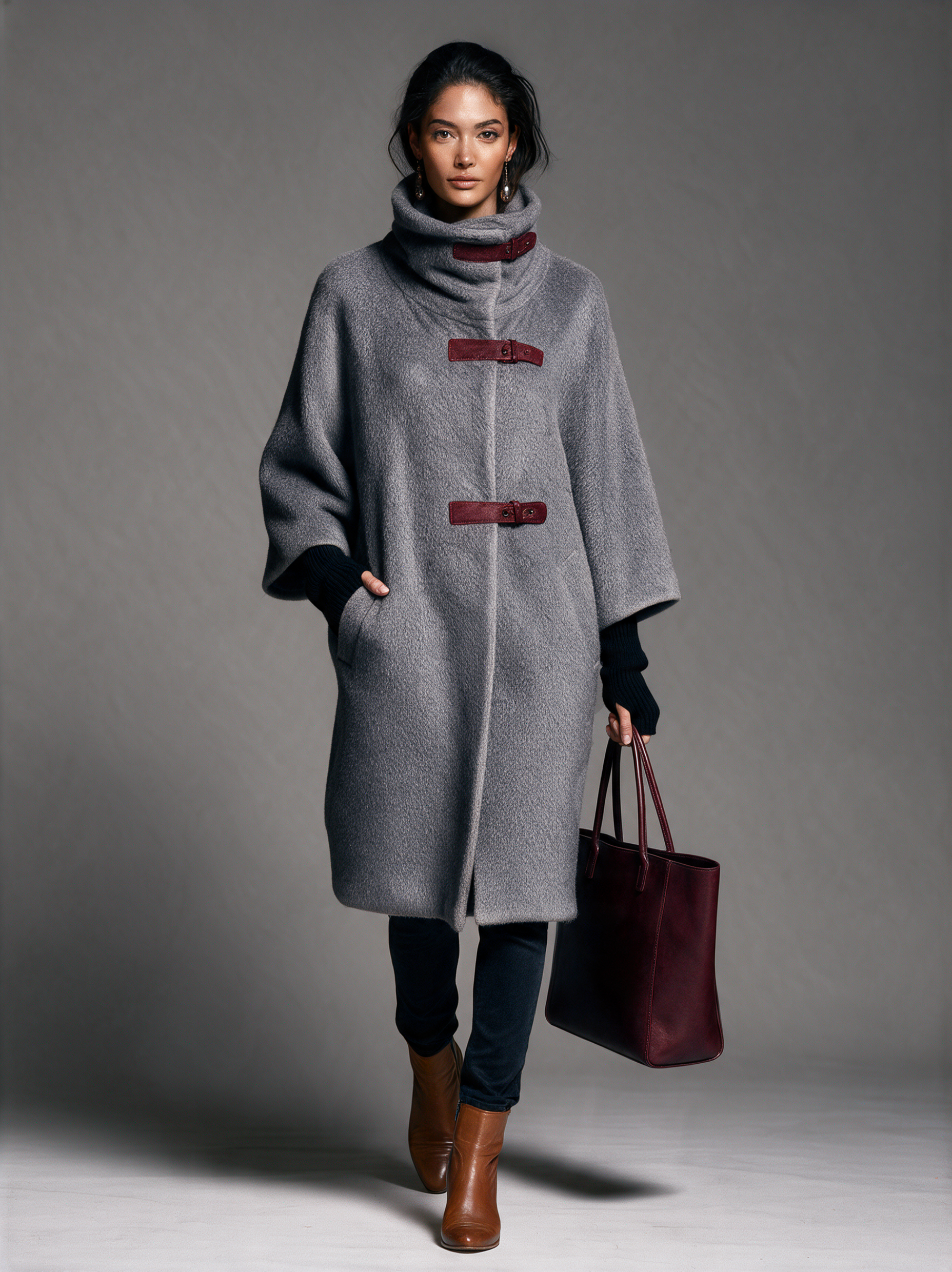 Women’s Elegant Grey Wool-blend Long-sleeved, High-neck, Mid-length Coat