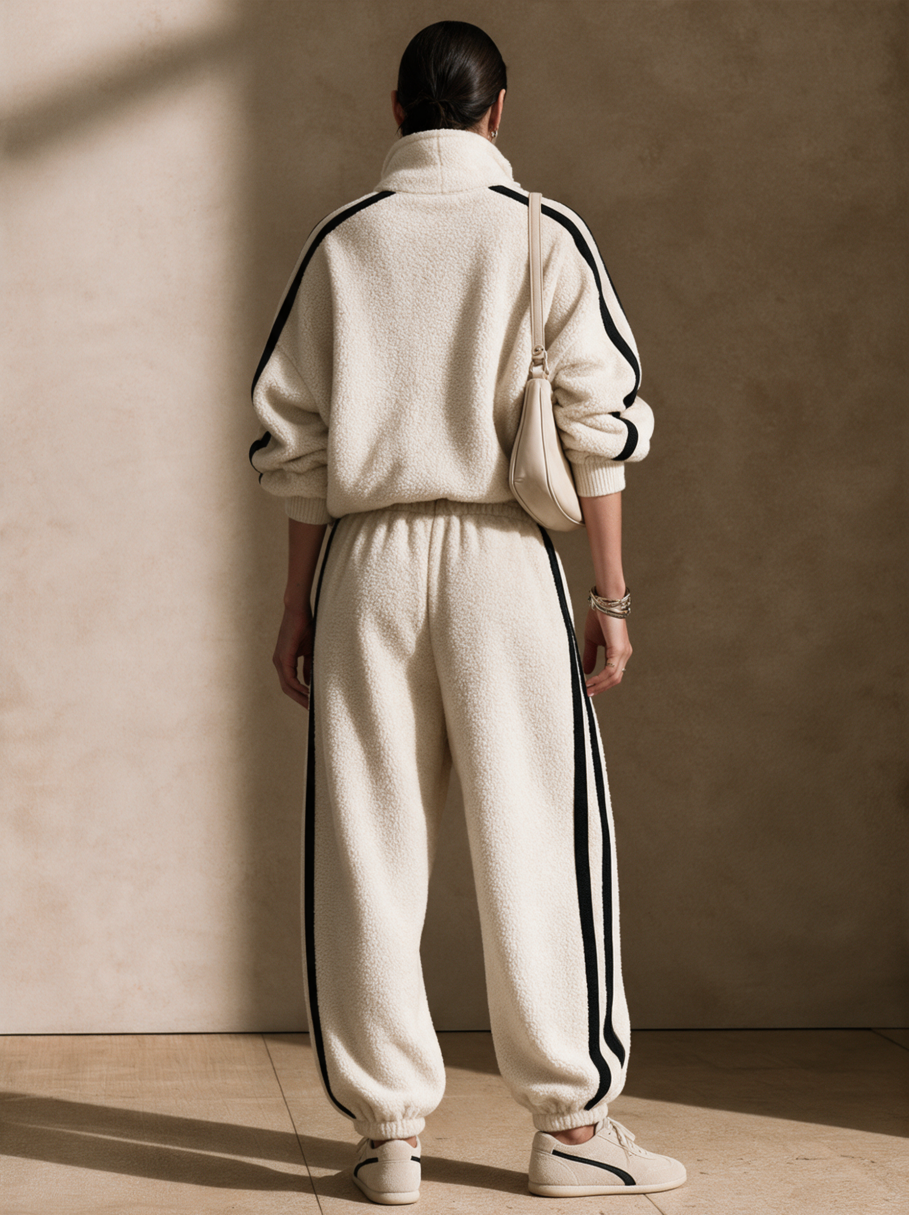 Women's Contrast-Stripe Sherpa Jogger Pants Set