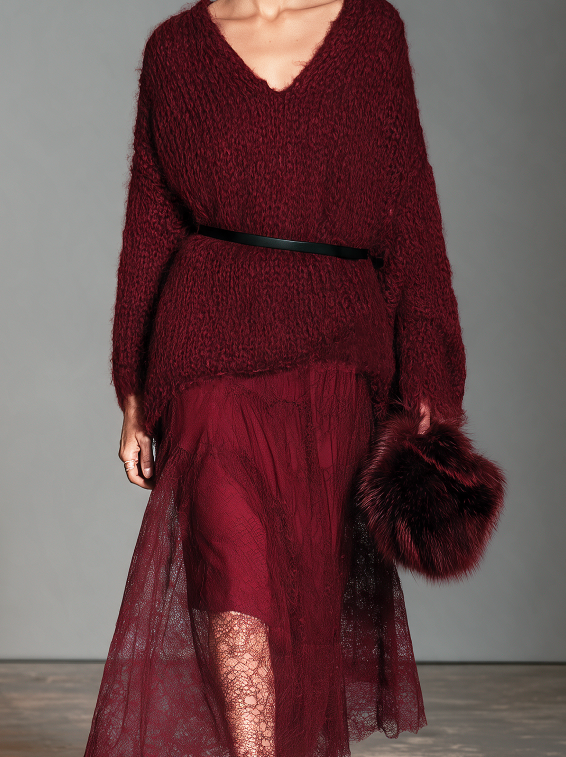 Women's Elegant Two-piece Set Featuring A Red V-neck Knit Sweater And A Red Lace Skirt
