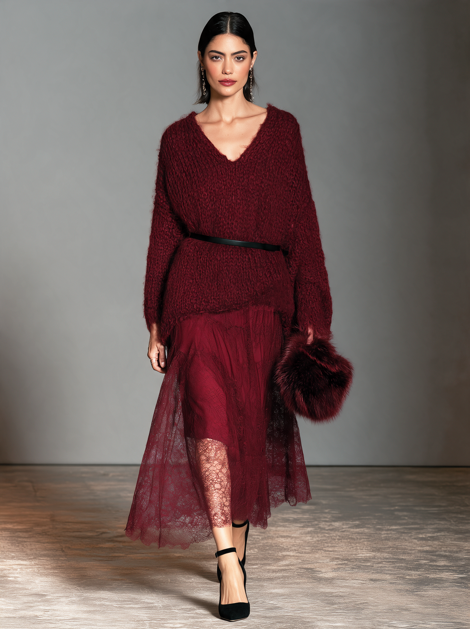 Women's Elegant Two-piece Set Featuring A Red V-neck Knit Sweater And A Red Lace Skirt