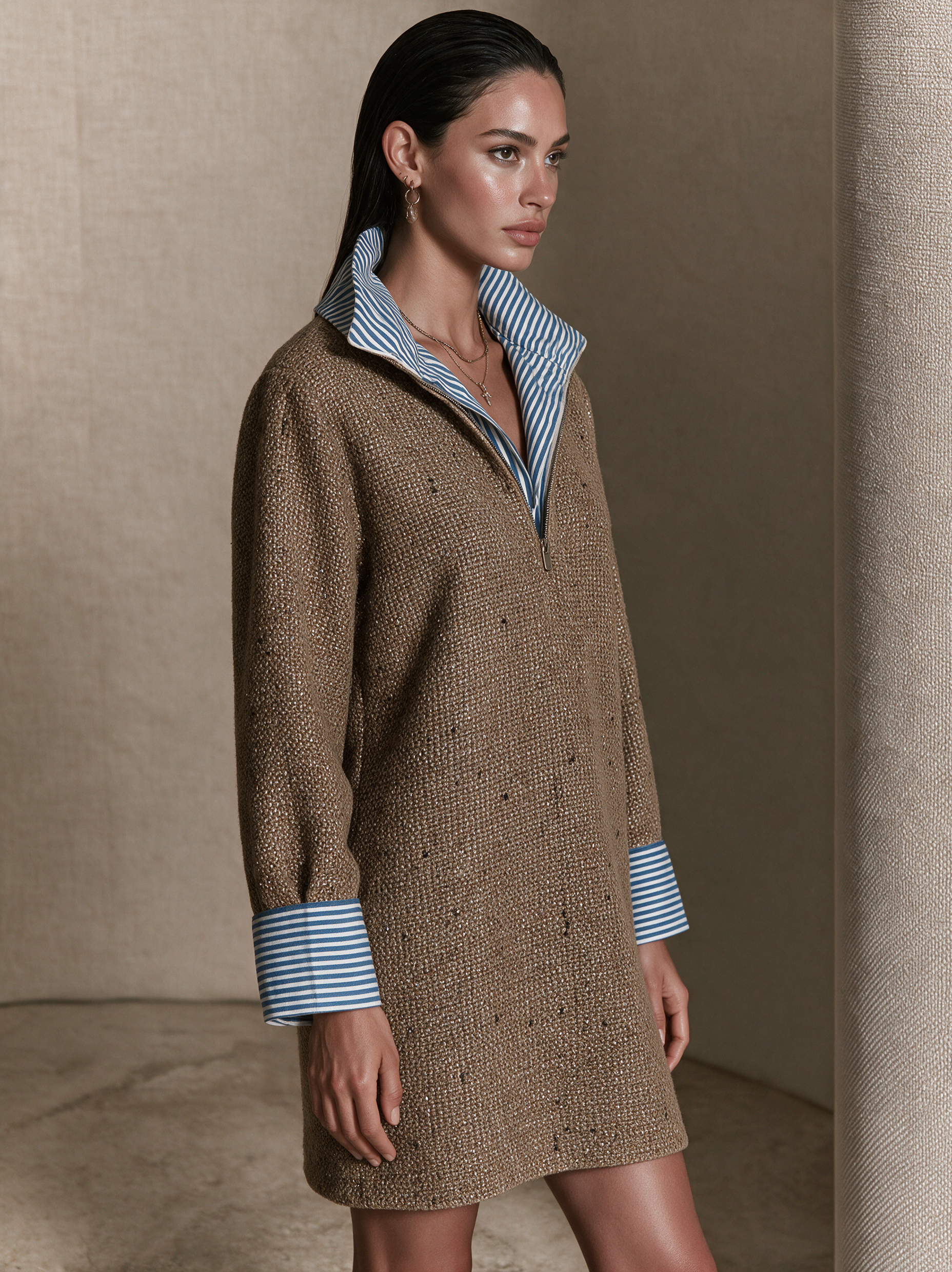 Women's Vintage Layered-Look Tweed Contrast-Collar Mini Dress