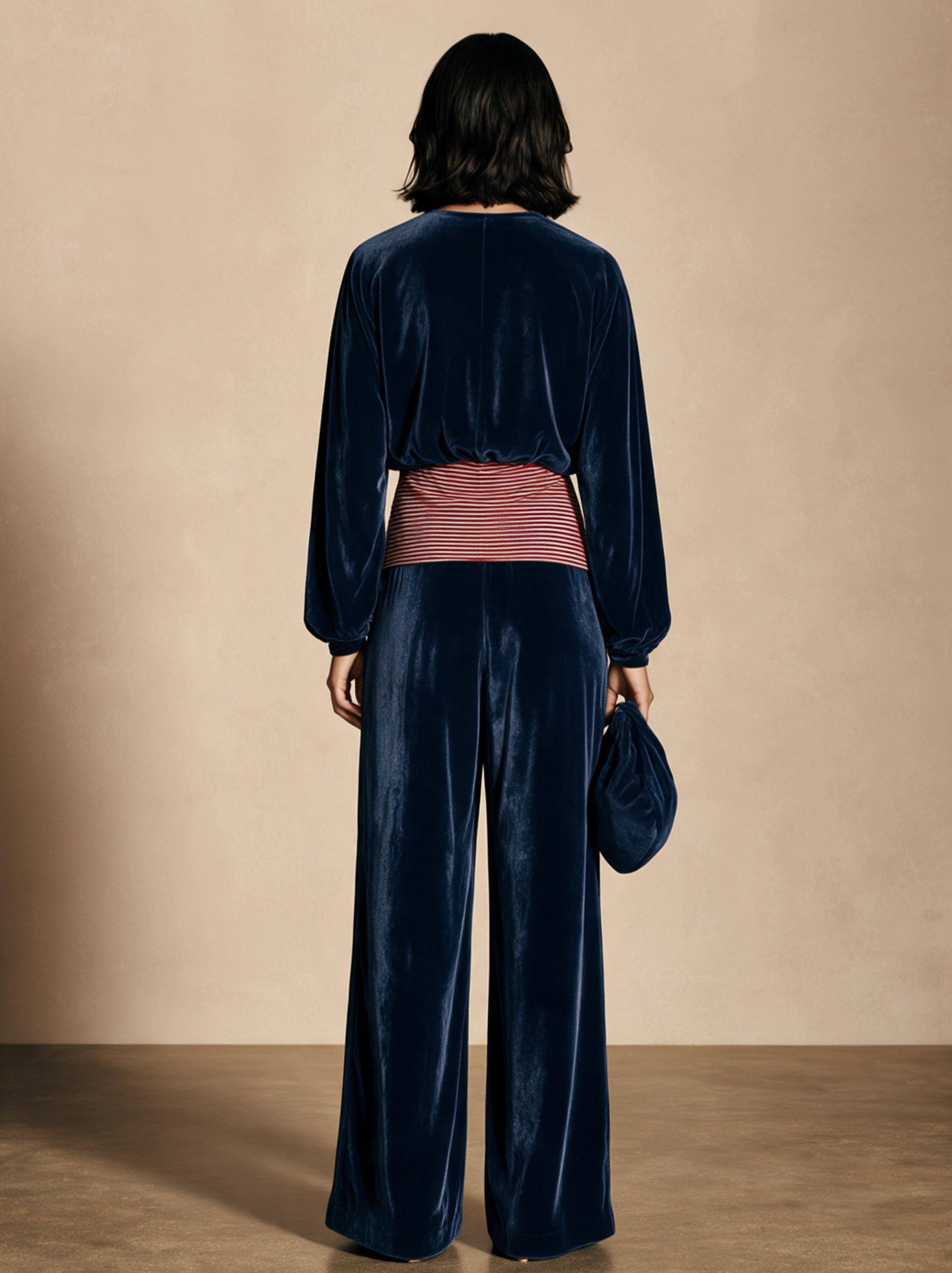 Women's Retro Contrast-Stripe Velvet Top And Wide-Leg Pants Set