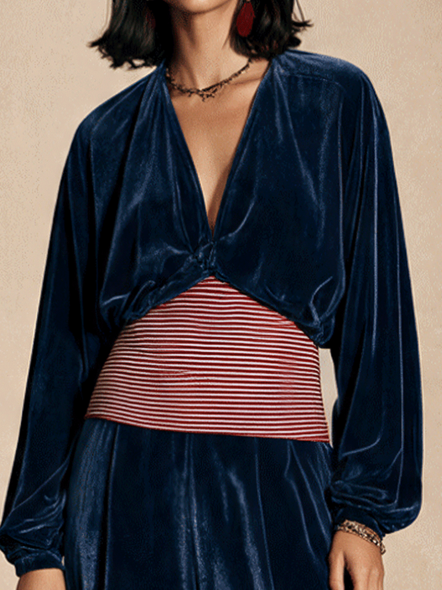 Women's Retro Contrast-Stripe Velvet Top And Wide-Leg Pants Set