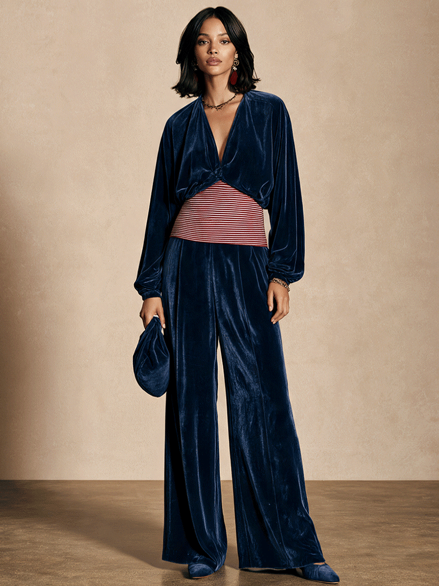 Women's Retro Contrast-Stripe Velvet Top And Wide-Leg Pants Set