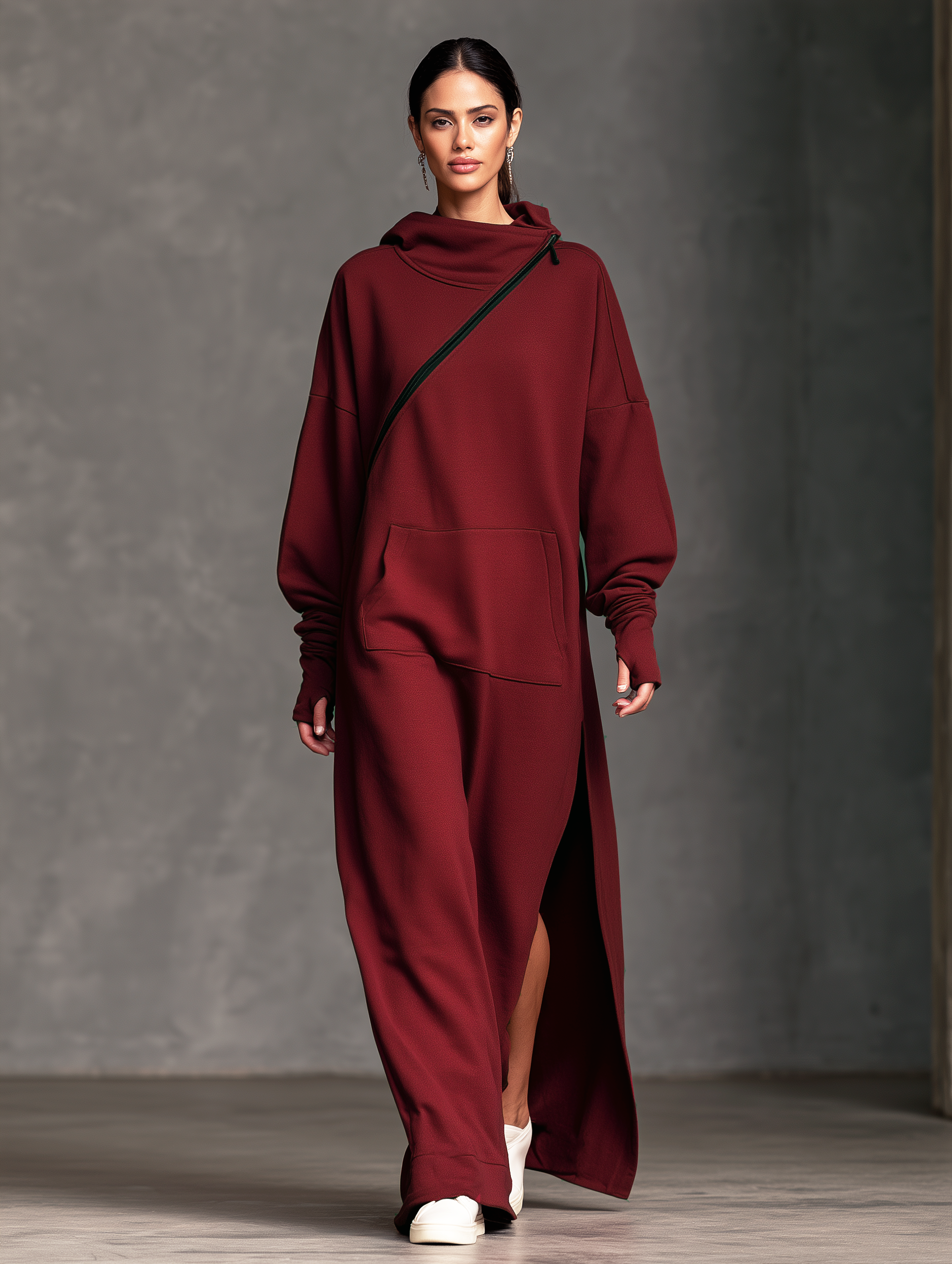 Women’s Elegant Vintage-style Long-sleeved Hooded Maxi Dress In Deep Red Sweatshirt Fabric
