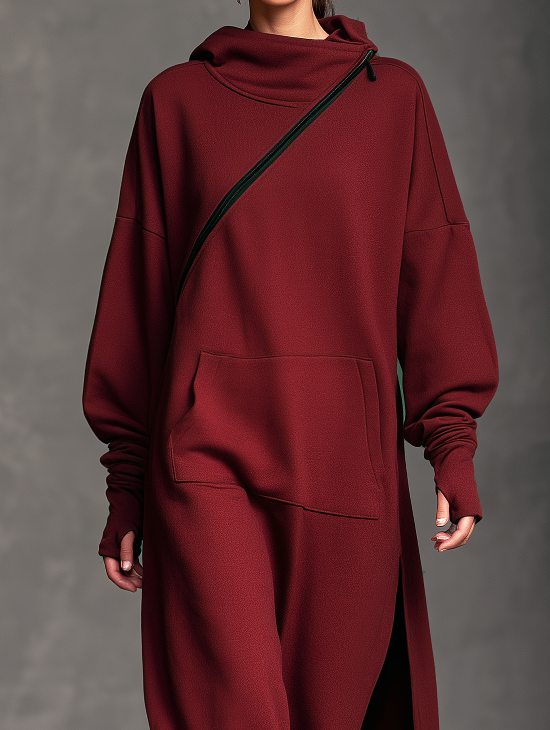 Women’s Elegant Vintage-style Long-sleeved Hooded Maxi Dress In Deep Red Sweatshirt Fabric