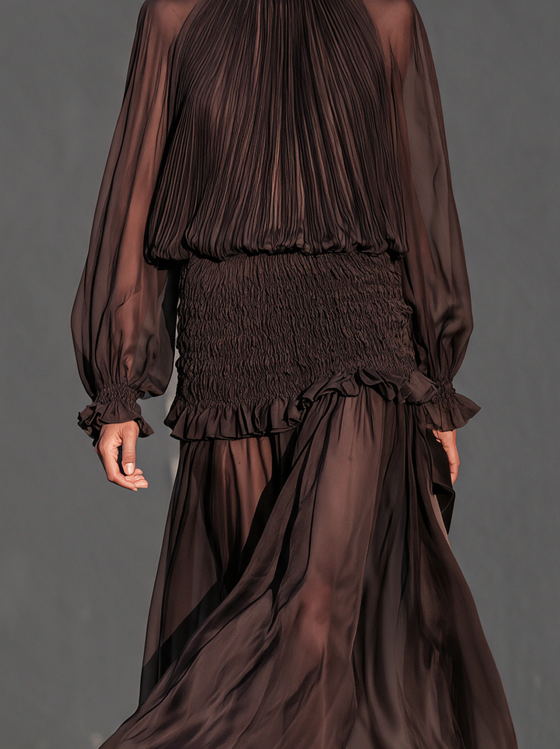 Women’s Elegant Dark Brown Long-sleeved Chiffon Maxi Dress