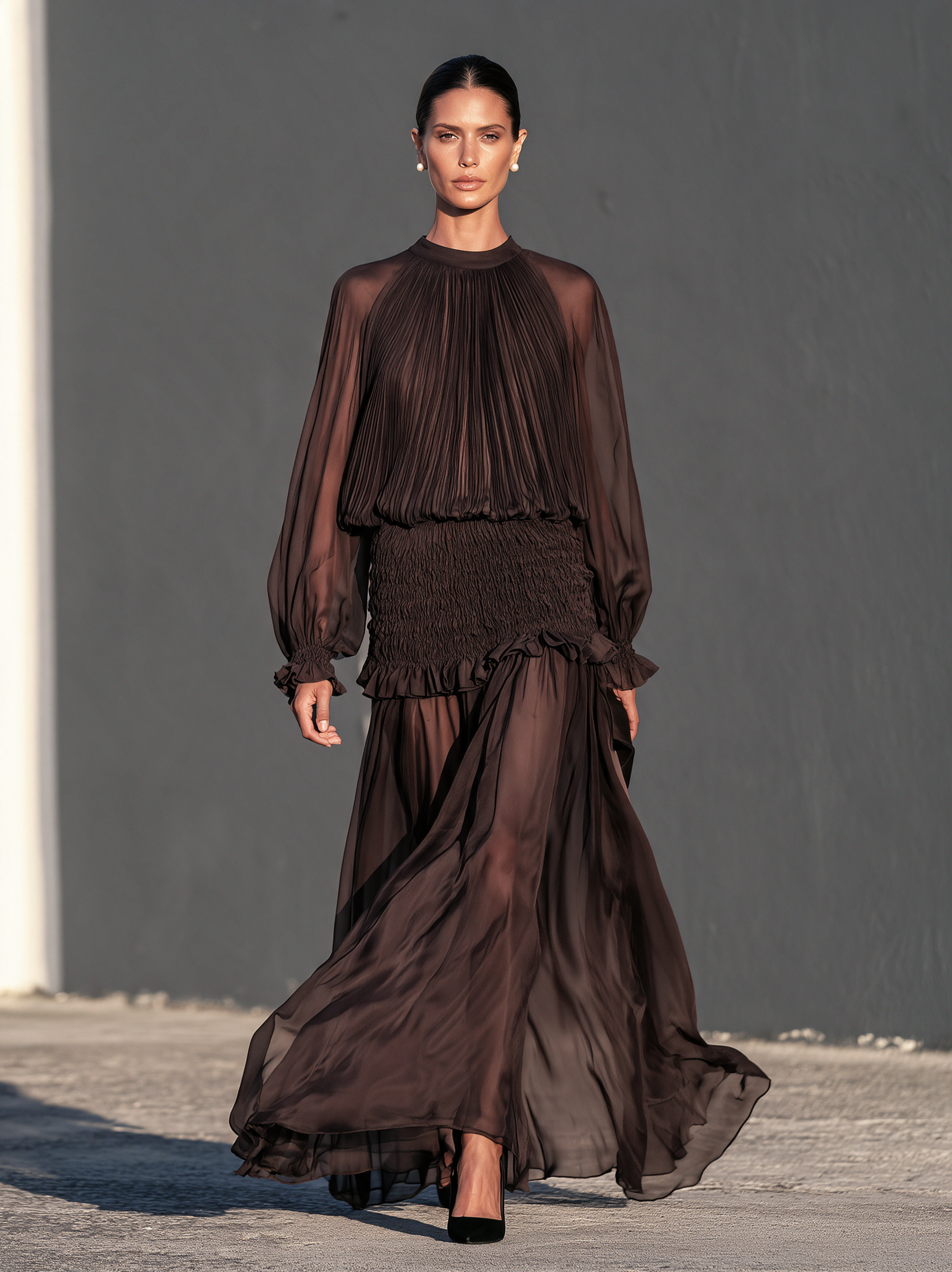 Women’s Elegant Dark Brown Long-sleeved Chiffon Maxi Dress
