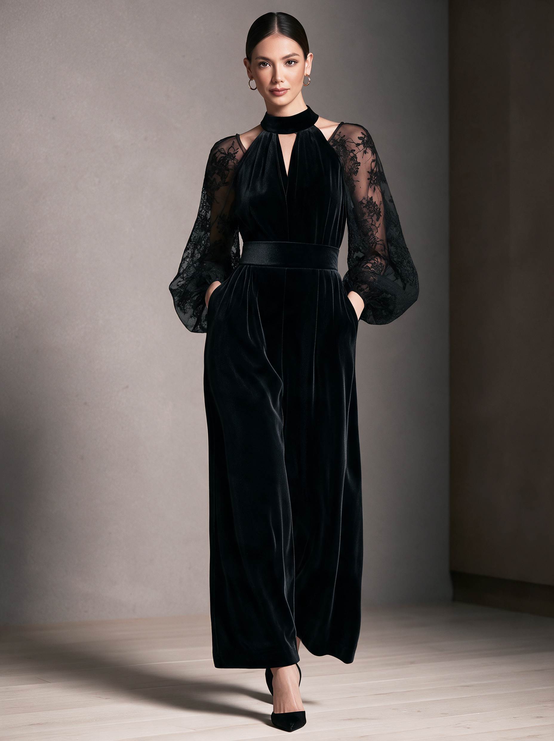 Women’s Elegant Black Velvet And Lace-paneled Long-sleeve Jumpsuit