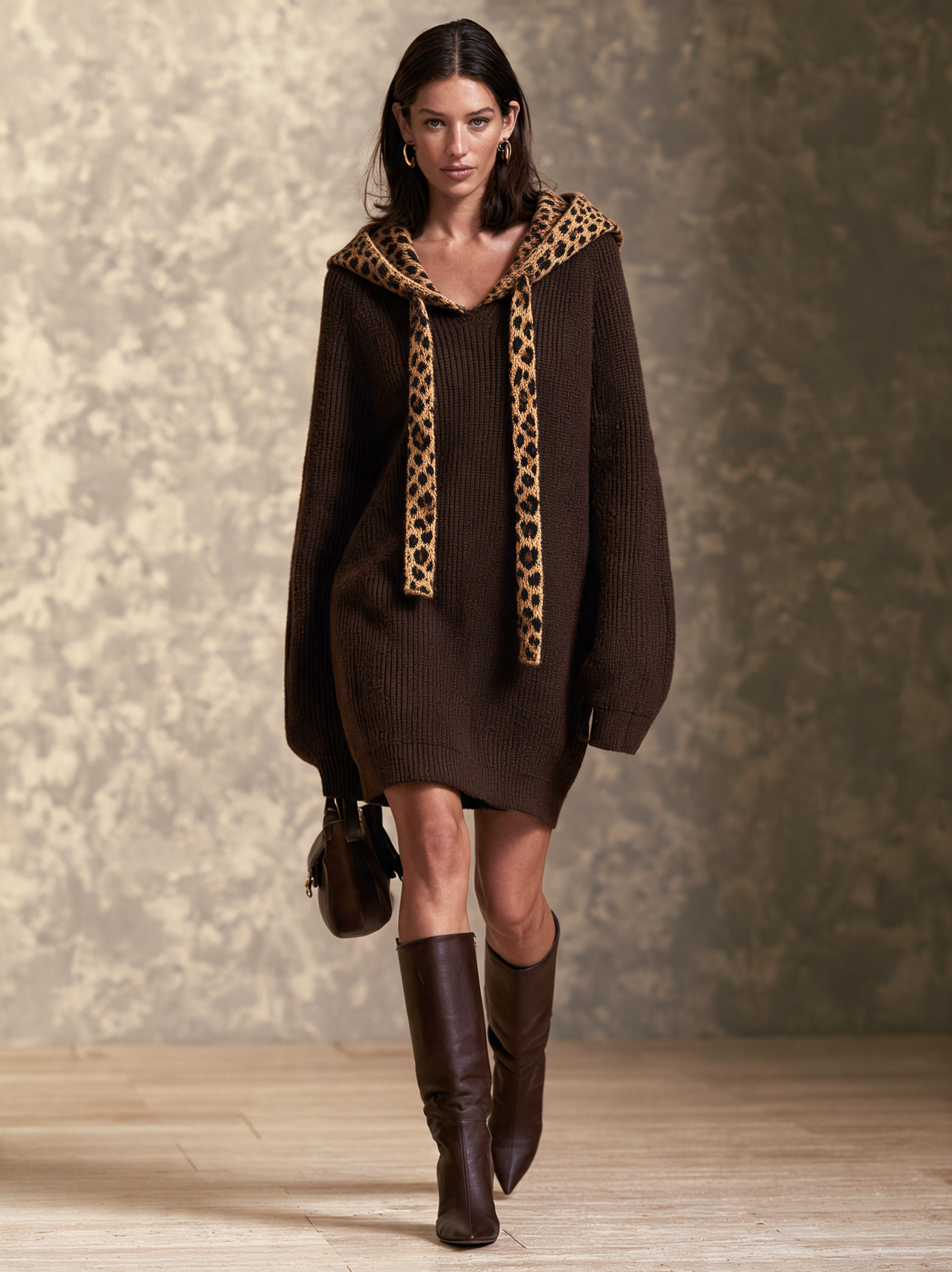 Women’s Casual Dark Brown Leopard-print Knit Hooded Mini Dress