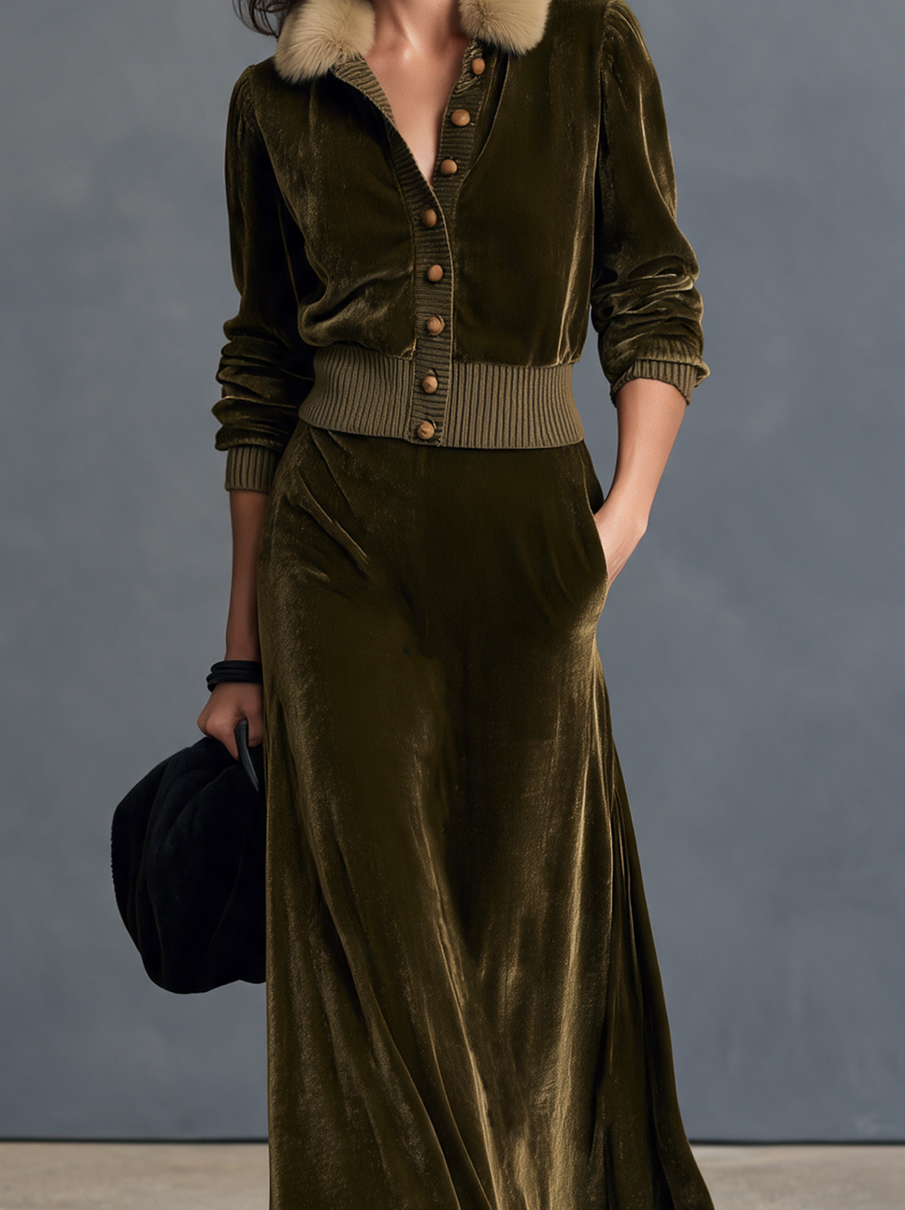 Women’s Casual Olive Green Velvet Long-sleeve Jacket And Skirt Two-piece Set