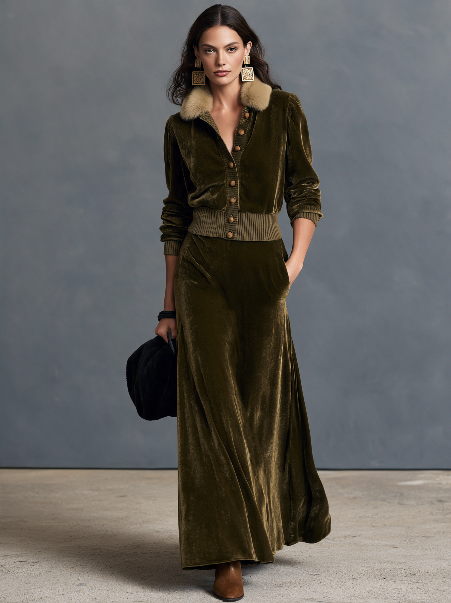 Women’s Casual Olive Green Velvet Long-sleeve Jacket And Skirt Two-piece Set