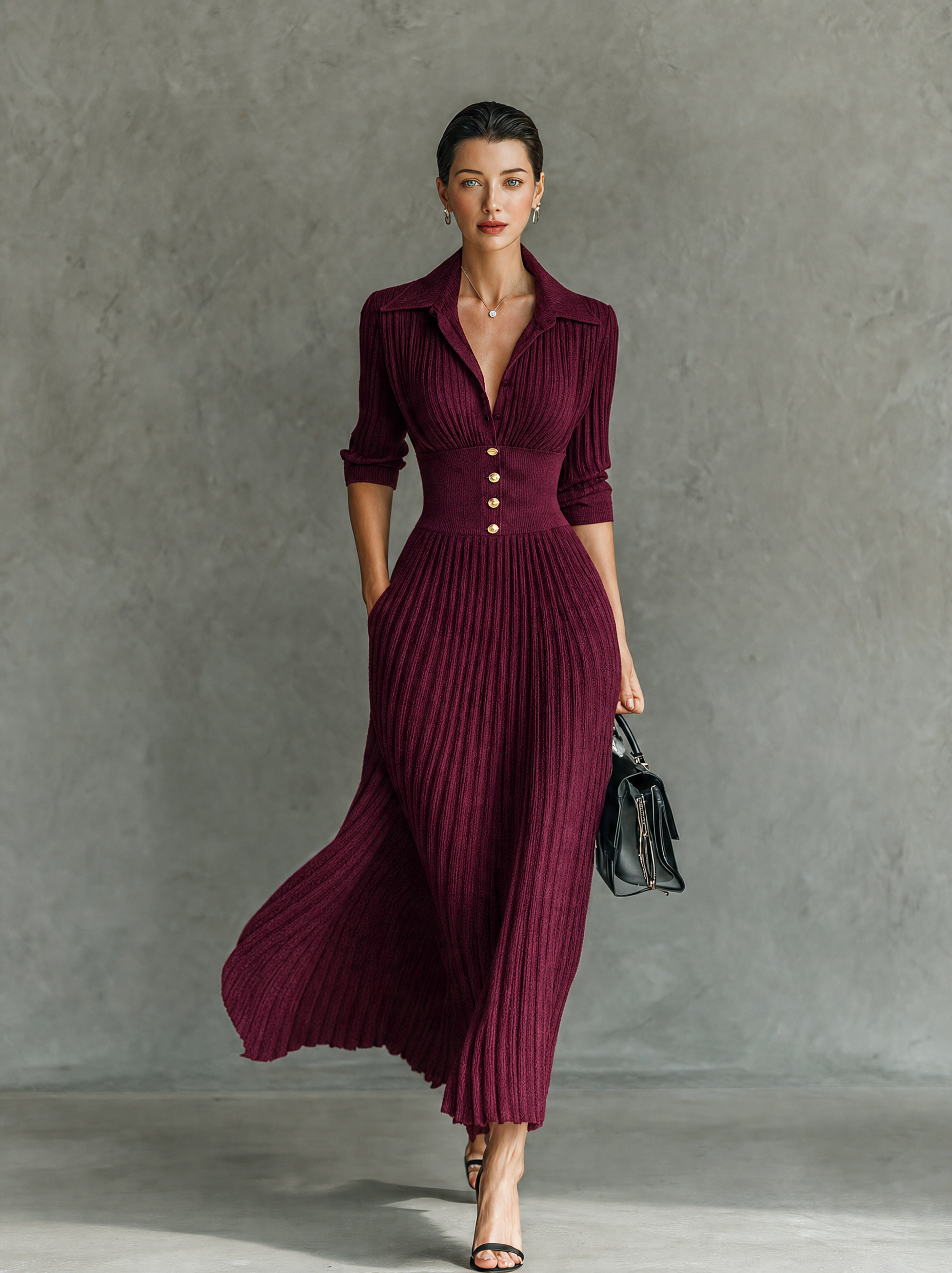 Women's Elegant Button-Front Collared Pleated Knit Dress MDZ0607H5WY