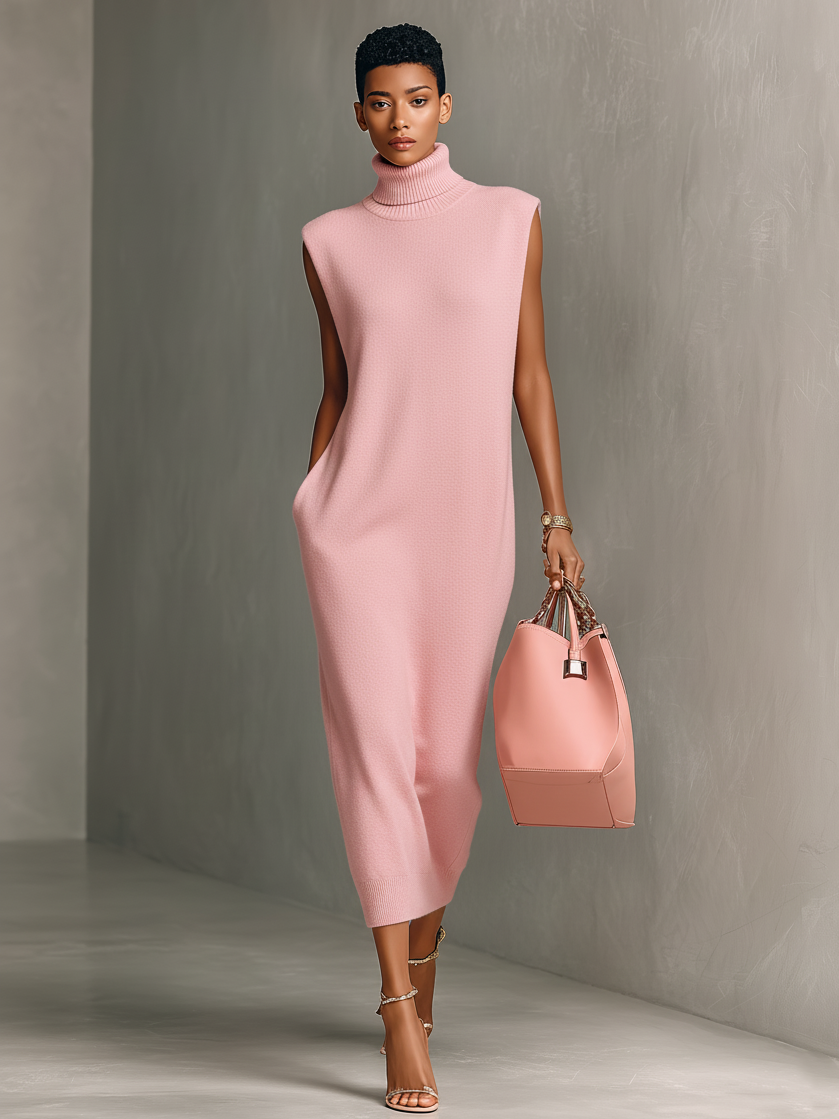 Women's Straight-cut High-neck Sleeveless Knit Midi Dress MDA1720K5Y