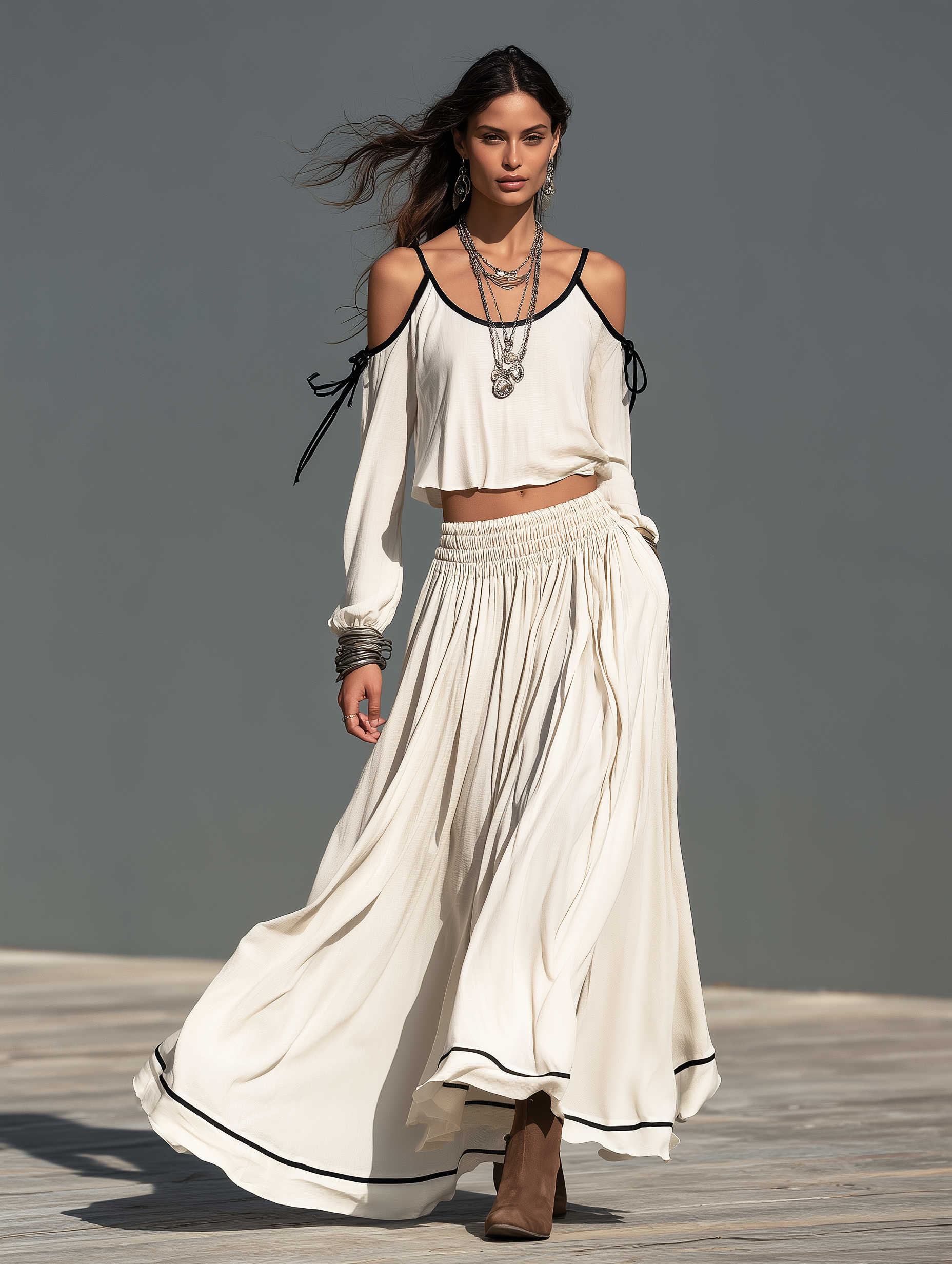 Women's Casual White Woven Long-Sleeve Camisole Top And Skirt Two-Piece Set MDZ3167H5LXY
