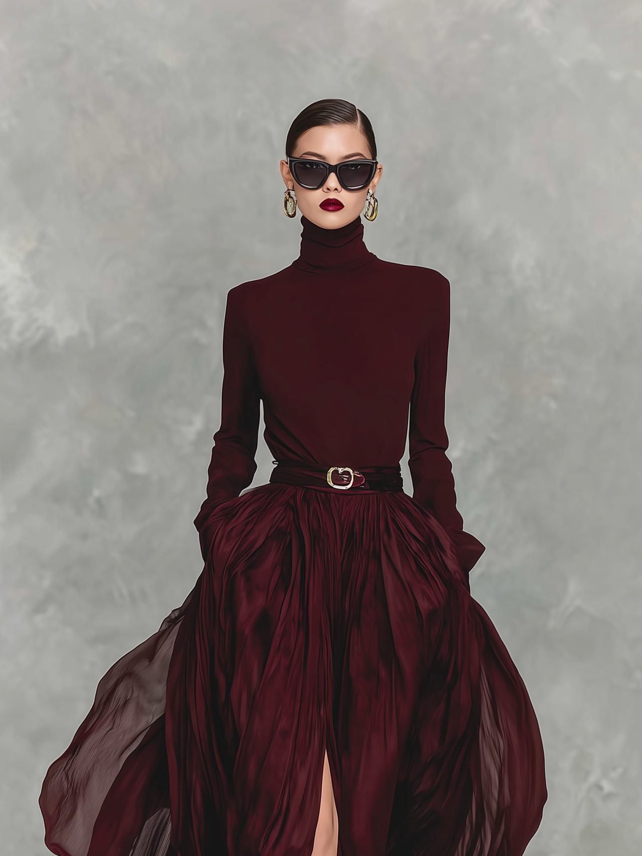 Women's Elegant Deep Red Turtleneck Long-sleeved Dress With Organza Trim At The Hem (belt Not Included) MDA1052L0AN