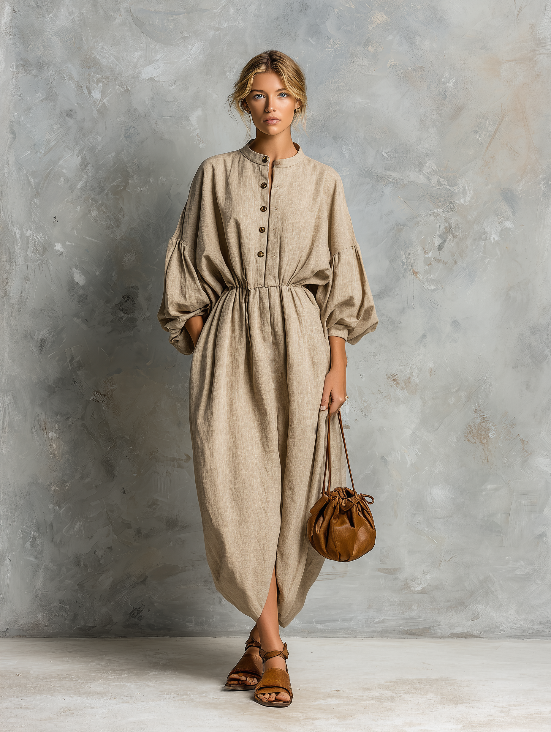 Women's Casual Khaki Cotton-linen Woven Fabric Round Neck Loose Long-sleeved Dress MDA1538L1AN
