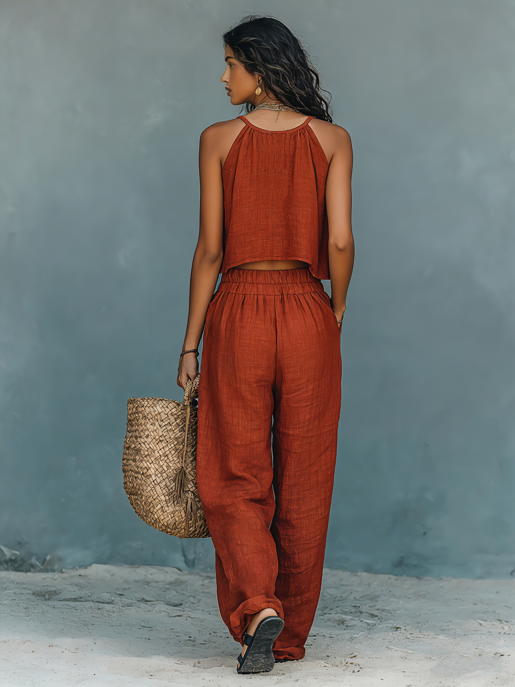 Women's Minimalist Vacation Linen Blend Crew Neck Wide-Leg Pants Set MDZ1034B6Y