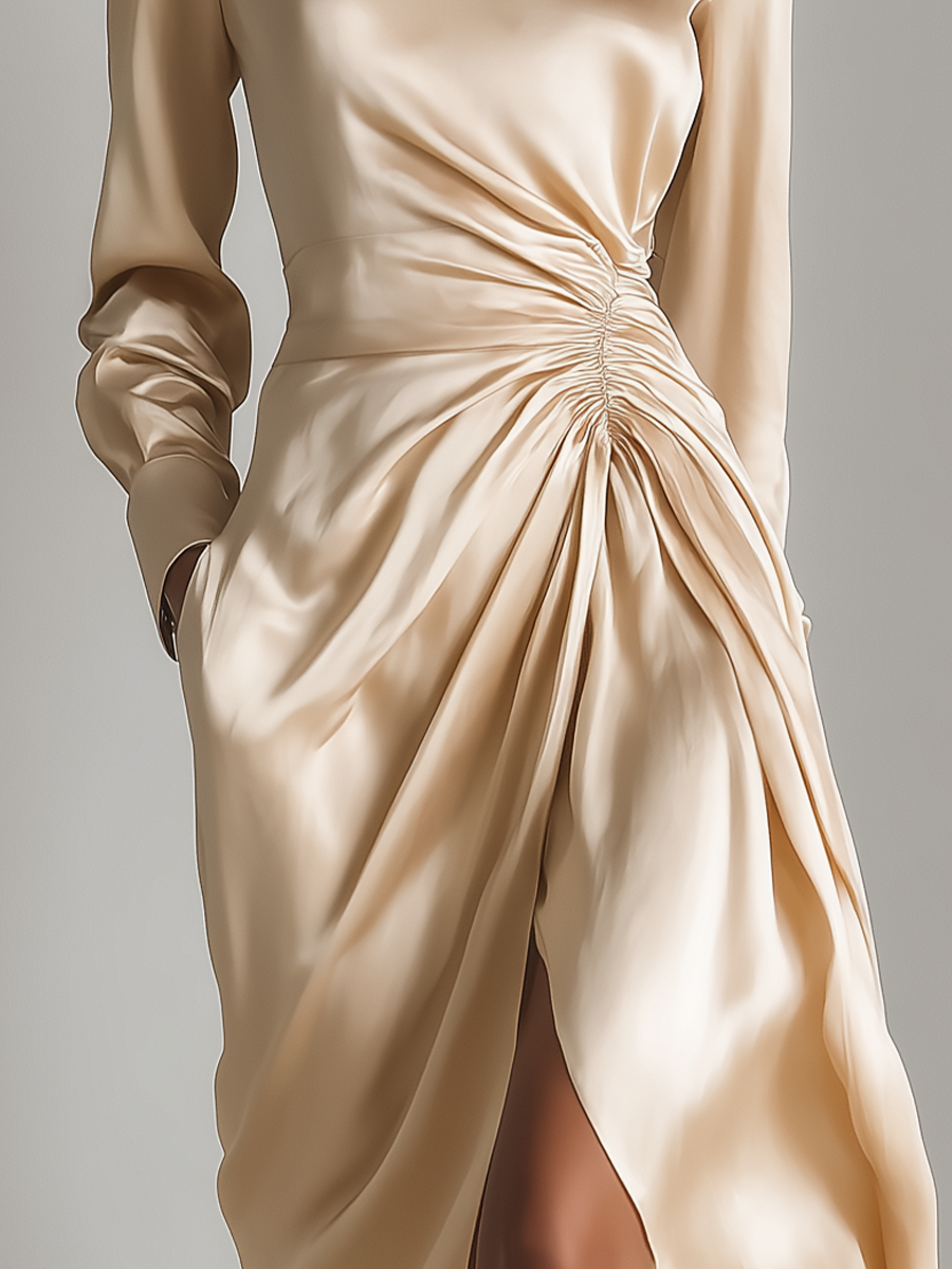 Women's Champagne-colored Satin High-neck Pleated Slit Dress MDA0575L5T