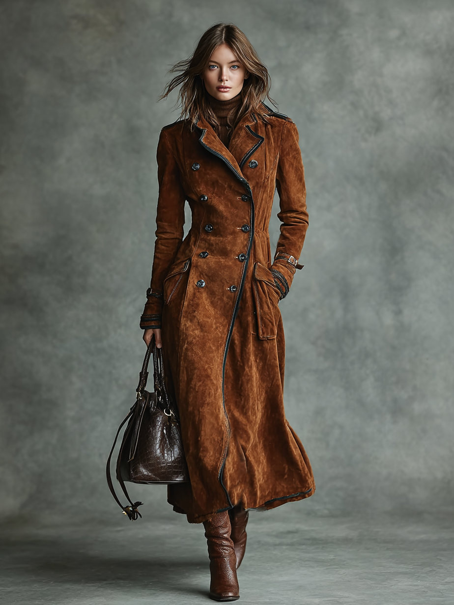 Women's Suede Black Trim Double-breasted Lapel Long Coat MDA2580H6Y