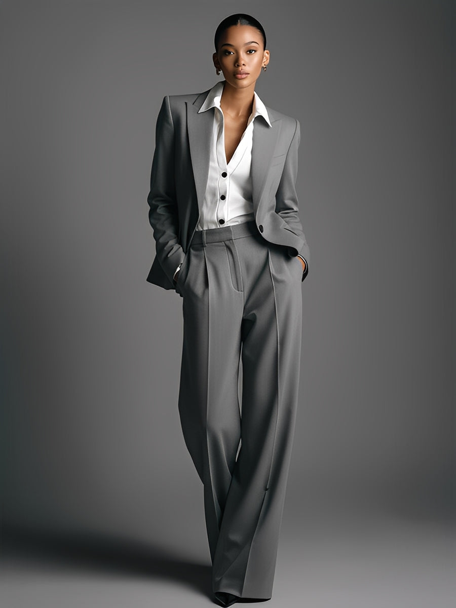 Women's Grey Textured Matching Set With Oversized Blazer & High-Waist Pants, Sophisticated Office Style Set MDA2939K5I