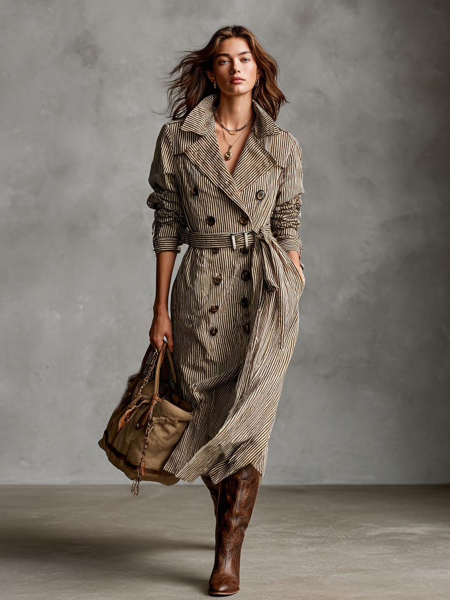 Women's Fashion Striped Lapel Double Breasted Belt Trench Coat MDA2558H2Y