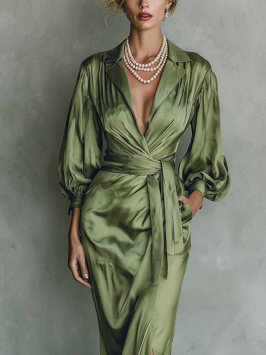Women's Moss Green Satin Fitted Wrap Dress With Slit MDA2566K1T