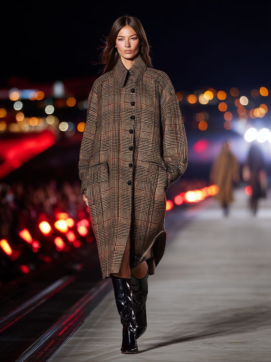 Women's Brown Plaid Wool-Blend Oversized Coat With Button Front & Shirt Collar, Retro Chic Style MDA2465J4I