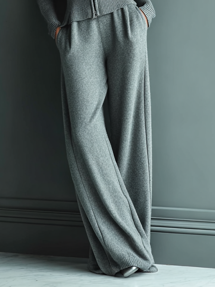 Women's Light Gray Knit Fitted Top And Wide-leg Pants Suit MDA1956K4T