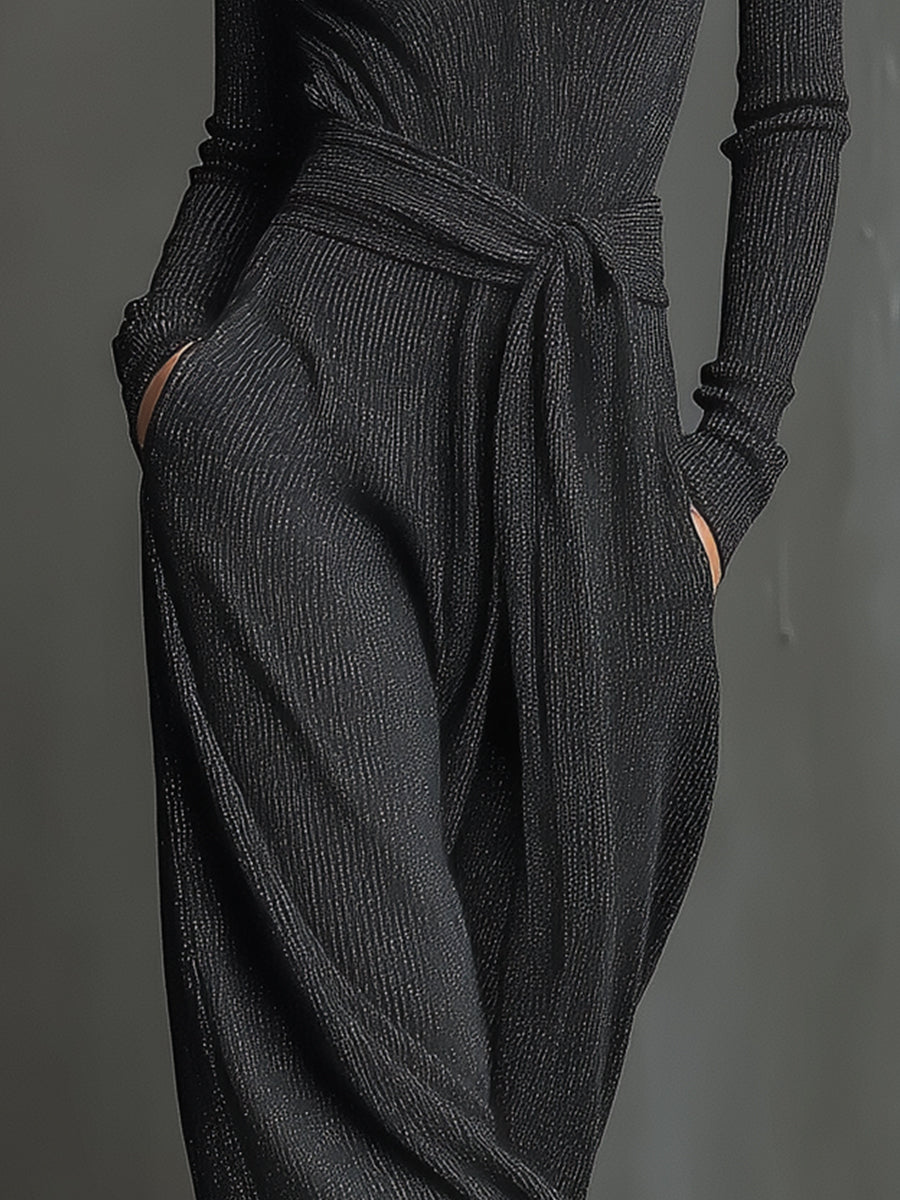 Women's Black Elegant Glitter Knit Cut - Out Turtleneck Belted Jumpsuit MDA2057H2I