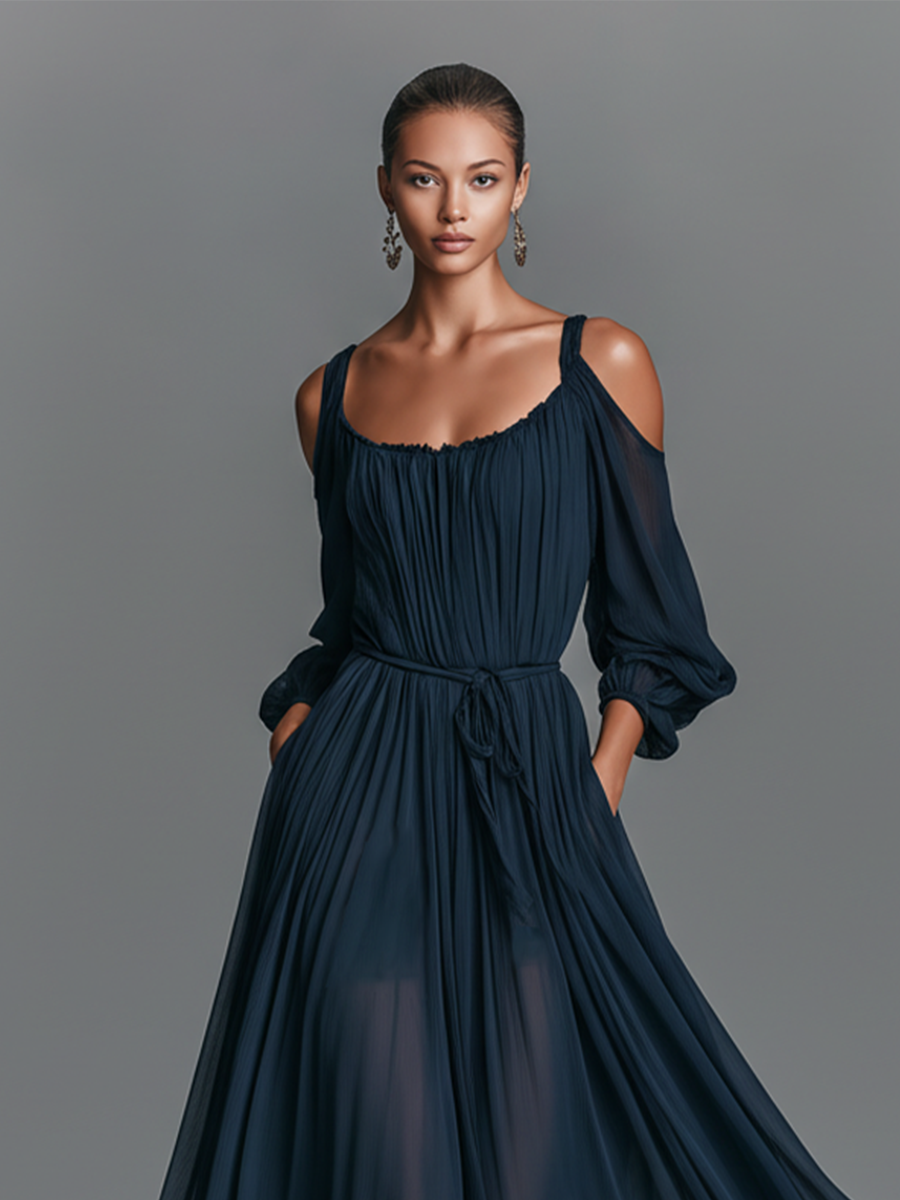 Women's Navy Blue Chiffon Dress With Tie-Waist Detail & Flowing Maxi Skirt, Timeless Romantic-Elegant Style Dress MDZ2524B2I
