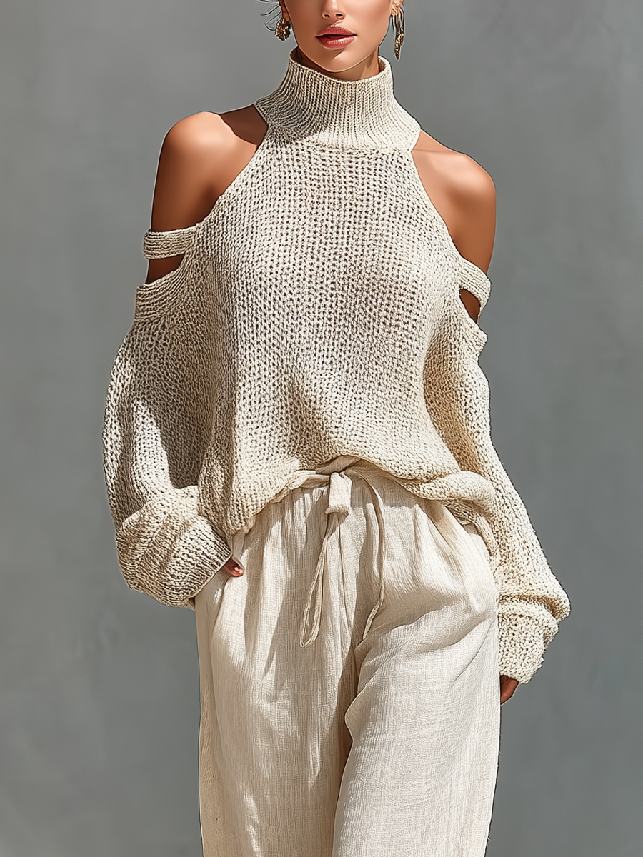 Women's Beige Knit Fabric Cold-Shoulder Turtleneck Top & Wide-Leg Pants Set MDZ0984A5T