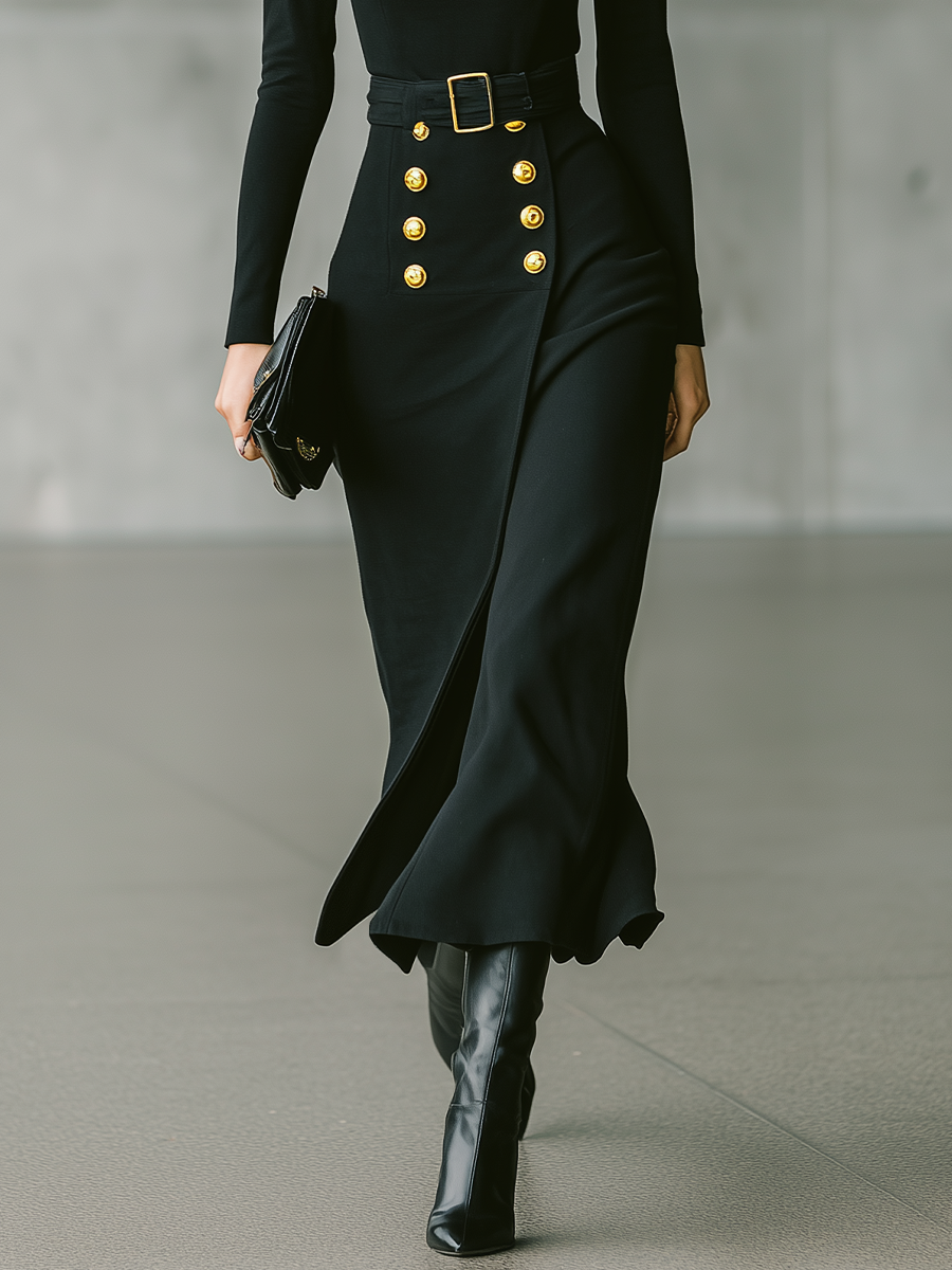 Women's Black High-Stretch Knit Top And Long Skirt Set MDA2811J7T